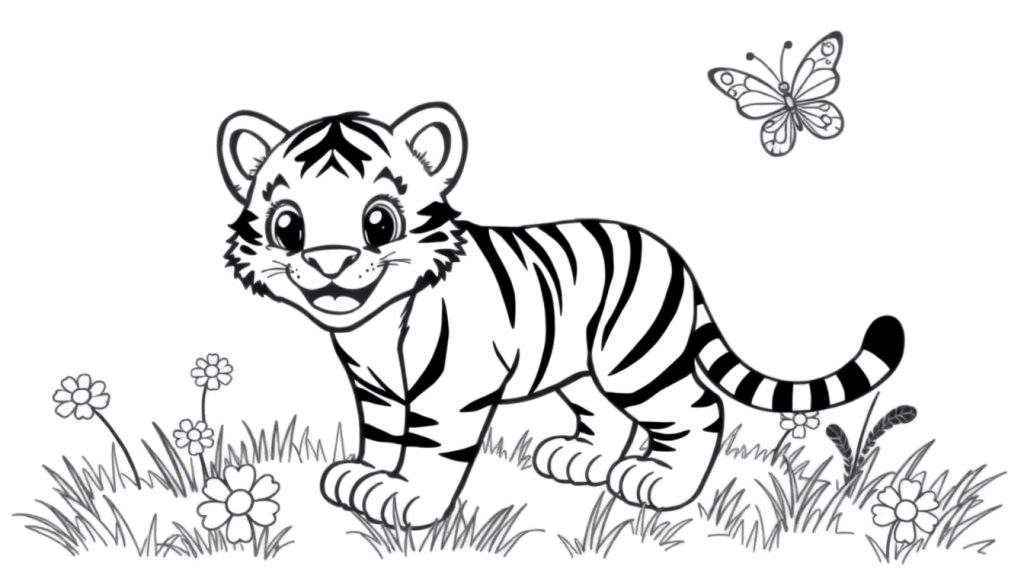 A cute tiger cub in a black and white color panel, with a butterfly, ready for coloring.