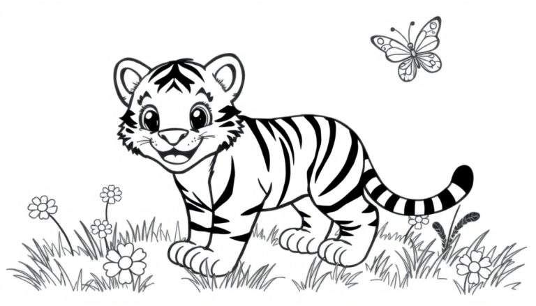 A cute tiger cub in a black and white color panel, with a butterfly, ready for coloring.