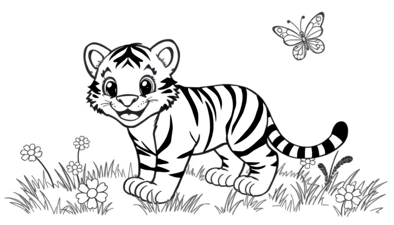A cute tiger cub in a black and white color panel, with a butterfly, ready for coloring.