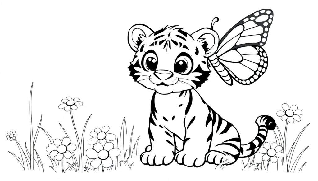 A black and white cartoon tiger cub with a butterfly wing on its ear, sitting in a field of grass and flowers. A great color panel to fill in!