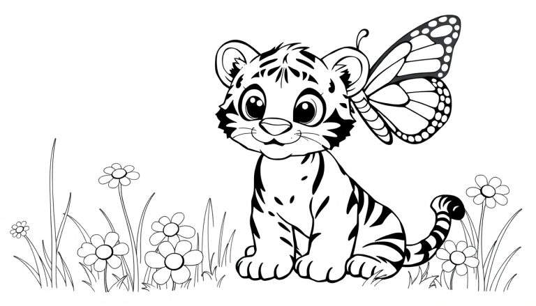 A black and white cartoon tiger cub with a butterfly wing on its ear, sitting in a field of grass and flowers. A great color panel to fill in!