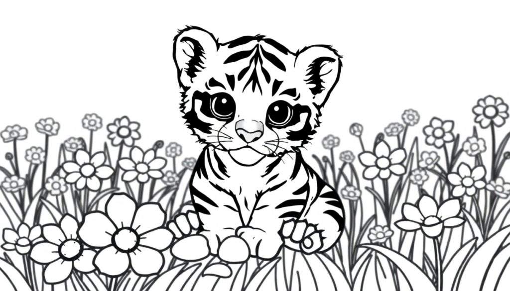 A cute tiger cub in a black and white coloring panel, sitting among flowers.