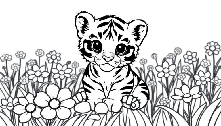A cute tiger cub in a black and white coloring panel, sitting among flowers.