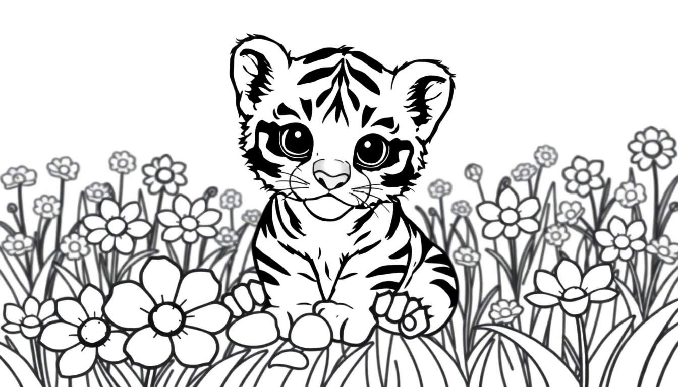 A cute tiger cub in a black and white coloring panel, sitting among flowers.