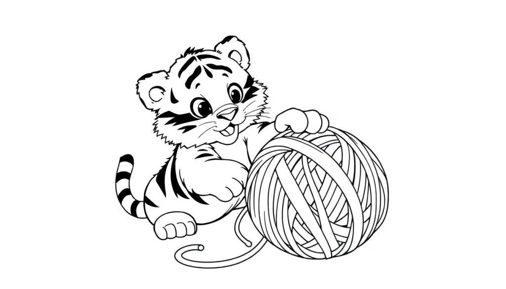 A cute tiger cub playing with a yarn ball, a black and white color panel ready for coloring.