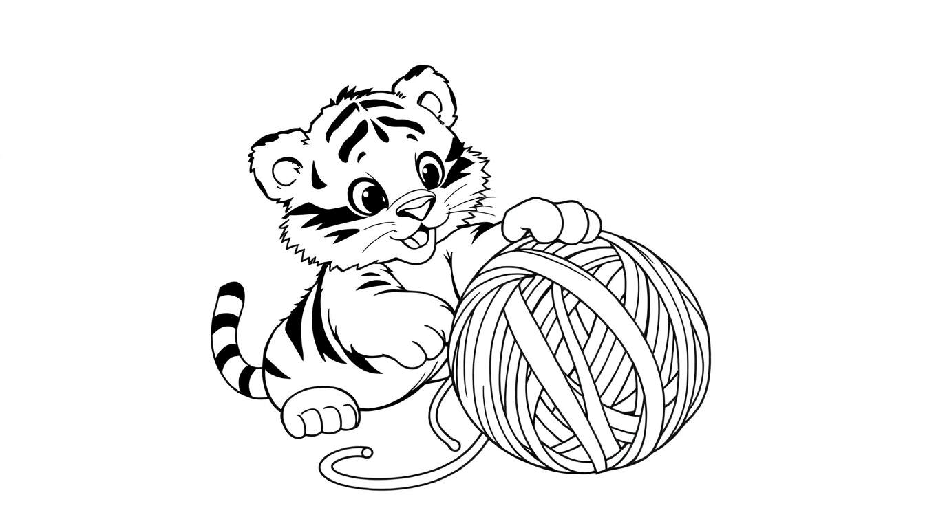A cute tiger cub playing with a yarn ball, a black and white color panel ready for coloring.