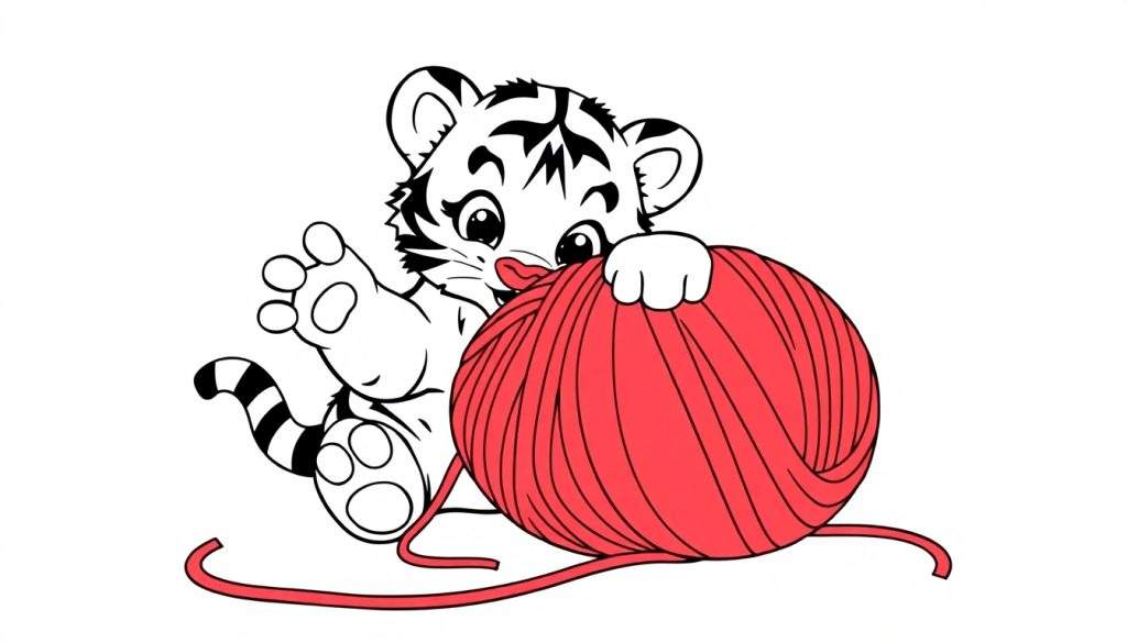 A white tiger cub with black stripes playing with a red yarn ball on a black and white color panel.