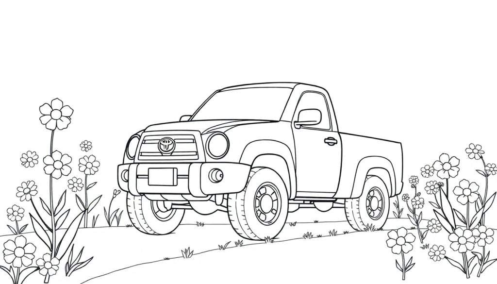 A cute black and white color panel of a friendly Toyota truck in a field of happy flowers.