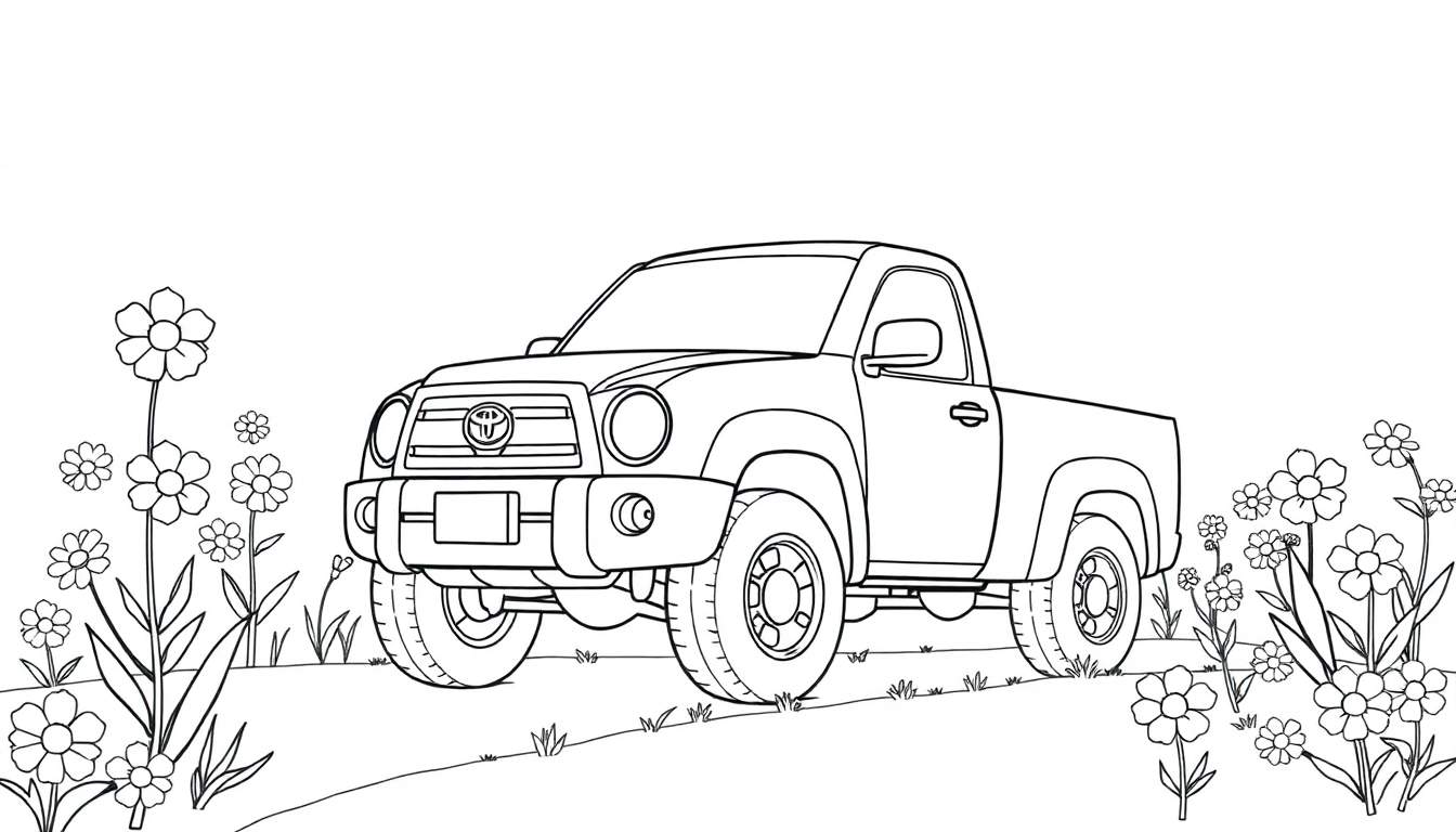 A cute black and white color panel of a friendly Toyota truck in a field of happy flowers.