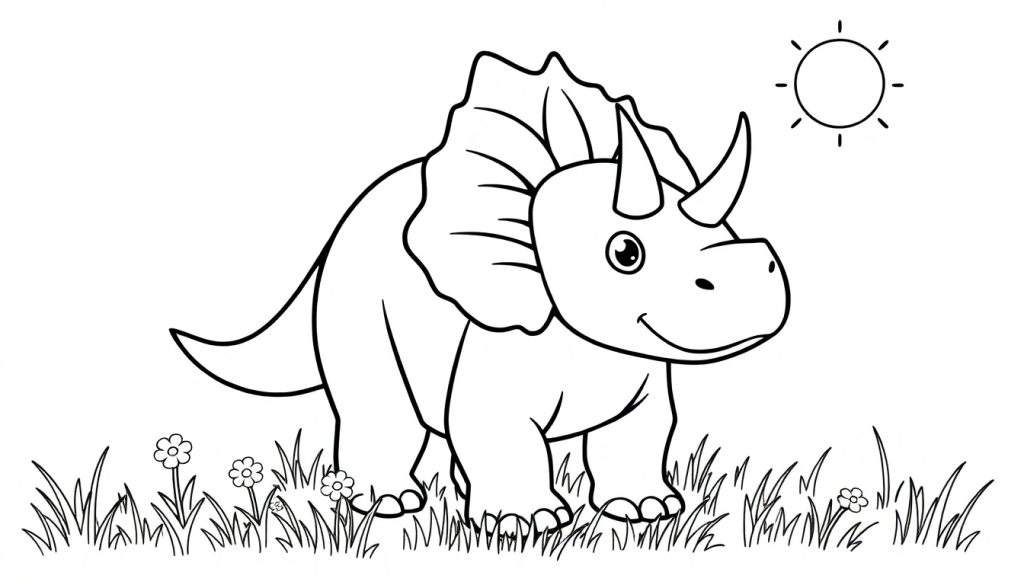 A friendly triceratops coloring panel with bold lines, standing in a field of grass and flowers under a sun.