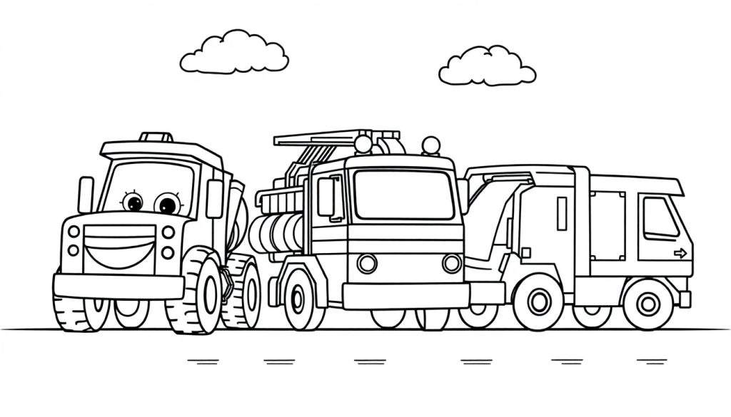 A friendly black and white illustration of three trucks, a construction truck, a fire engine, and a garbage truck, on a road under a cloudy sky, presented as a color panel for kids.