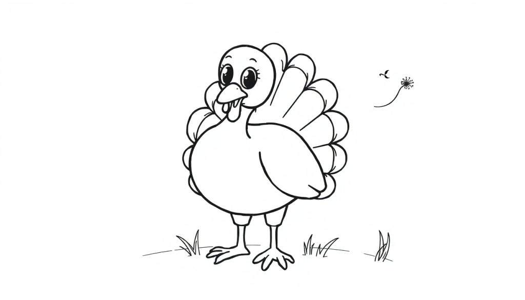 A cute cartoon turkey, ready for coloring, on a color panel.