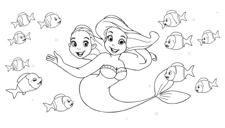 A black and white color panel drawing of a two-headed mermaid with two smiling faces, surrounded by swimming fish and small bubbles.