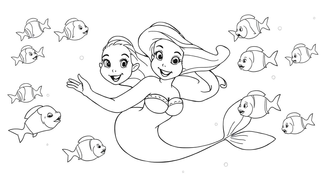 A black and white color panel drawing of a two-headed mermaid with two smiling faces, surrounded by swimming fish and small bubbles.