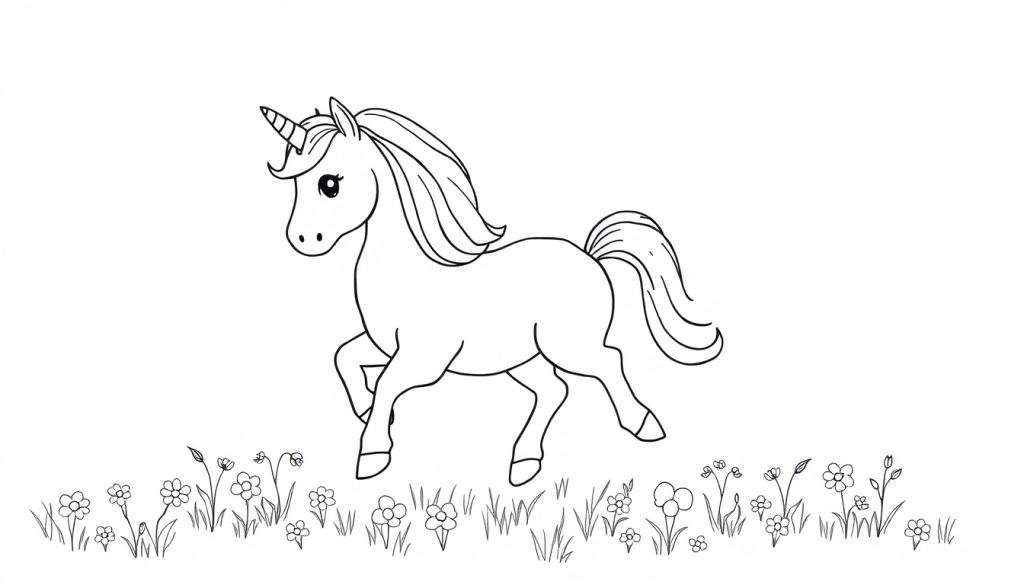 A black and white color panel of a unicorn with a rainbow mane and tail prancing in a field of flowers.