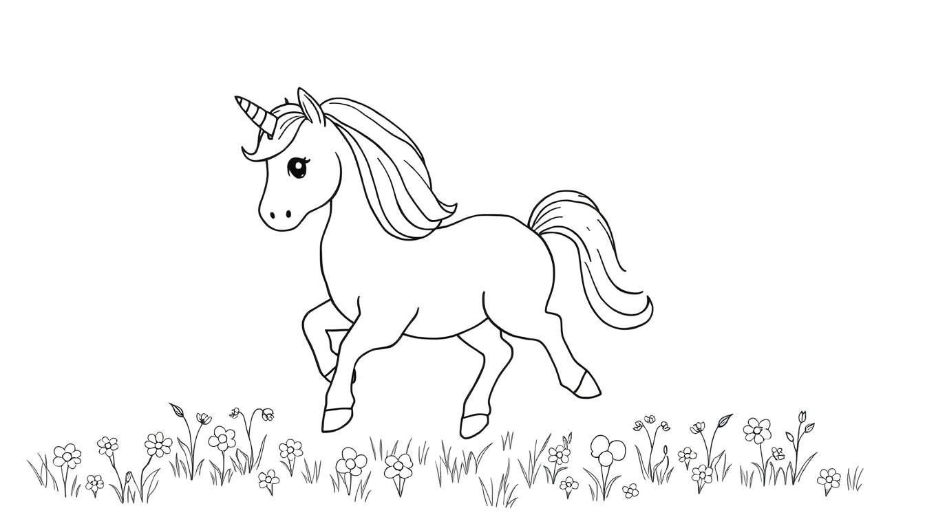 A black and white color panel of a unicorn with a rainbow mane and tail prancing in a field of flowers.