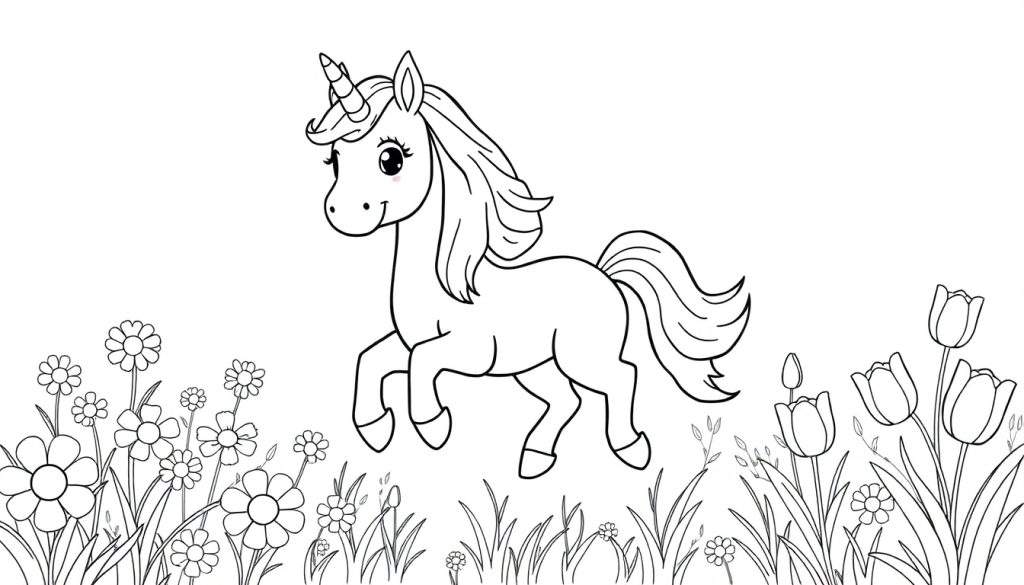 A black and white line drawing of a smiling unicorn prancing in a field of flowers, ready for a color panel.