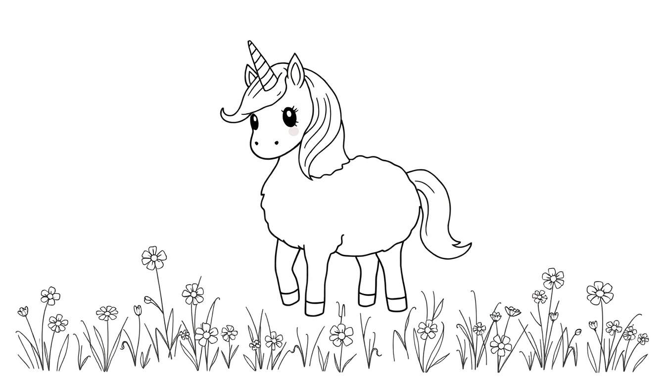 A fluffy unicorn with a rainbow mane and sparkling horn, ready for coloring! Black and white outline color panel.