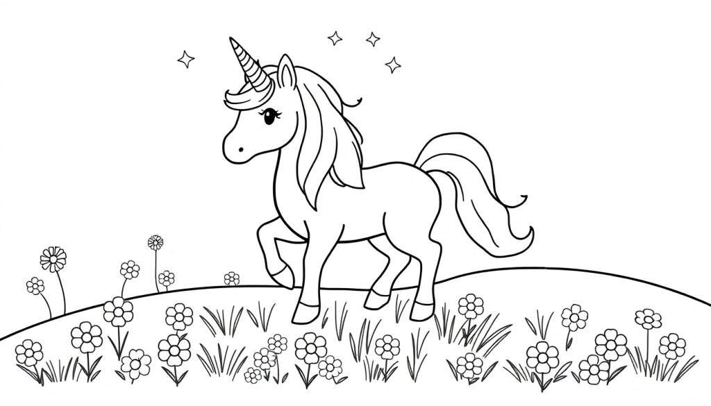 A cute black and white unicorn ready to be colored, with a swirling horn and a flowing mane, in a field of flowers. This coloring panel is ready for your touch!