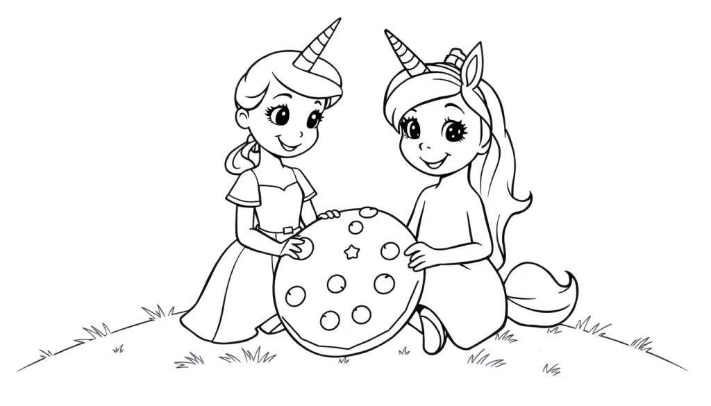 Black and white coloring page of a princess and a unicorn friend sharing a star-decorated treat.