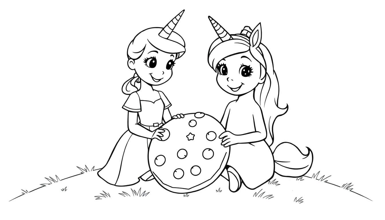 Black and white coloring page of a princess and a unicorn friend sharing a star-decorated treat.