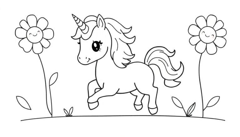 A cute unicorn prancing in a field of flowers, a black and white coloring page for kids. This color panel is ready to be filled with vibrant hues.