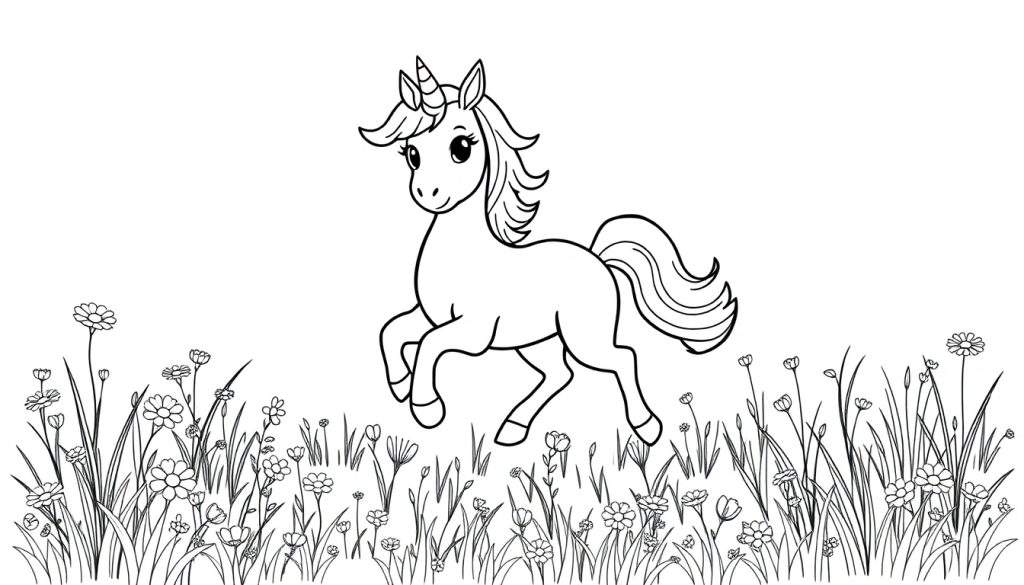 A cute unicorn prancing through a field of flowers, perfect for a color panel.