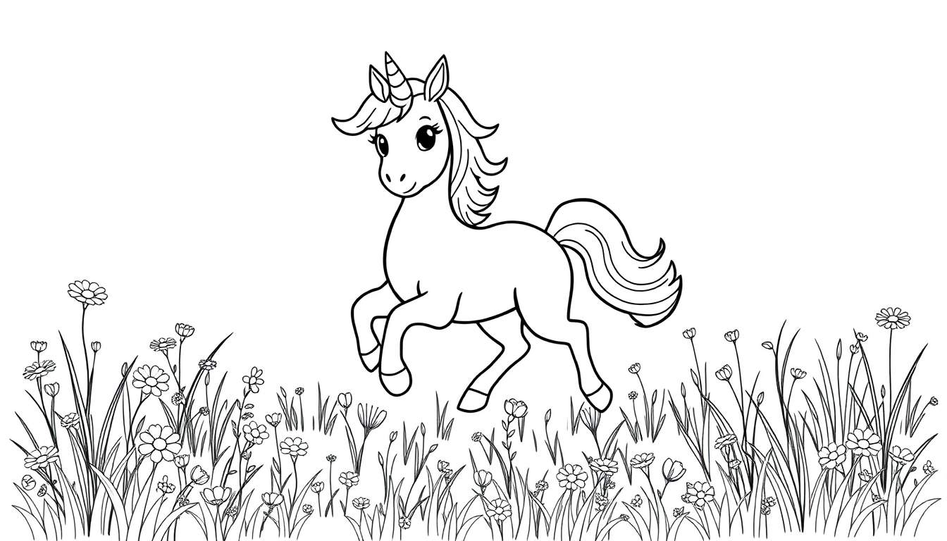 A cute unicorn prancing through a field of flowers, perfect for a color panel.