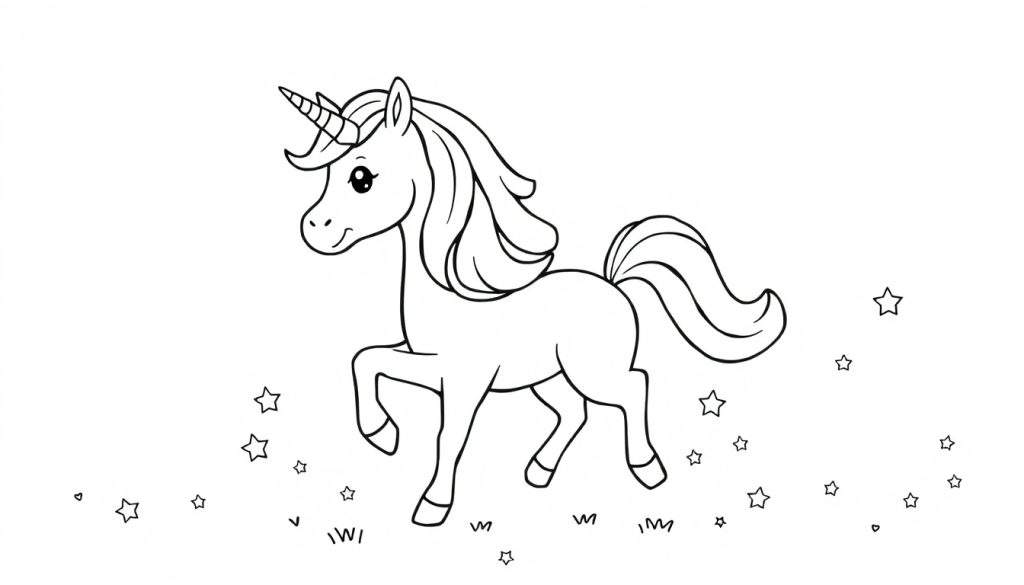 A black and white coloring panel of a unicorn prancing with stars.