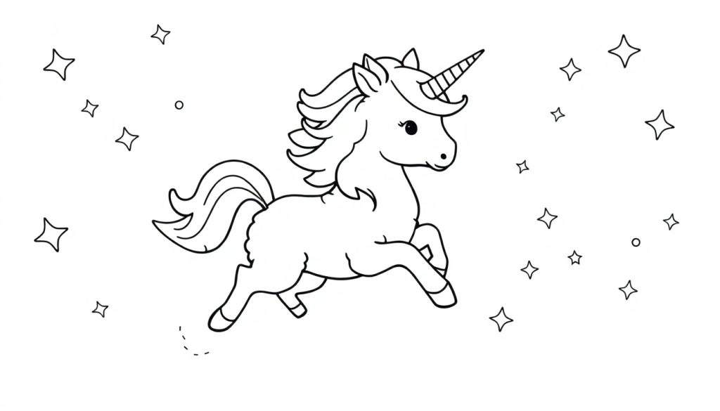 A cute unicorn prancing among stars, ready for a color panel.