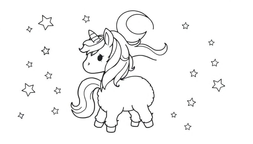 A cute cartoon unicorn in a black and white coloring panel, with stars around it.