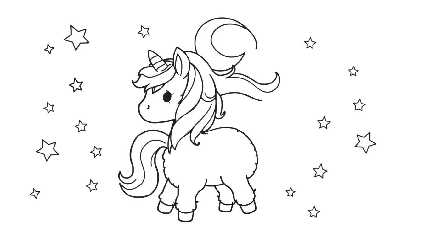 A cute cartoon unicorn in a black and white coloring panel, with stars around it.