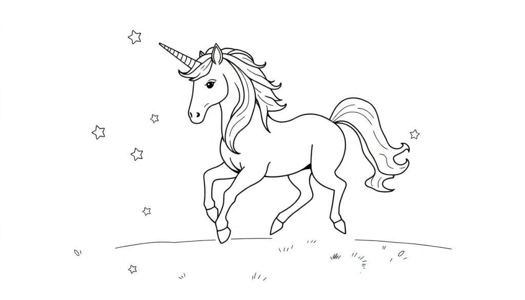 A black and white unicorn coloring panel prancing amongst stars.