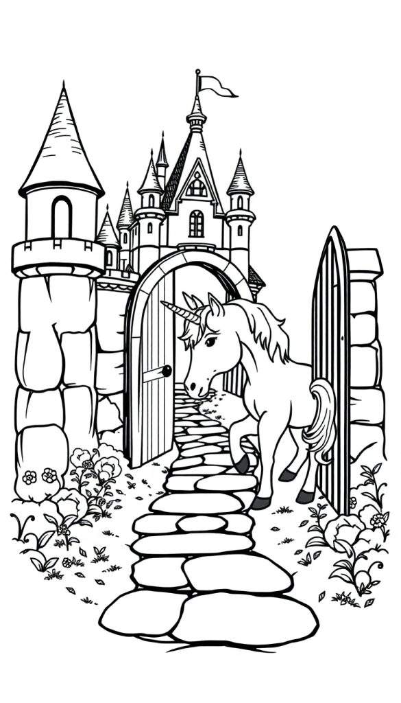A majestic white unicorn with a rainbow mane and tail stands proudly in front of a sparkling, ornate castle.