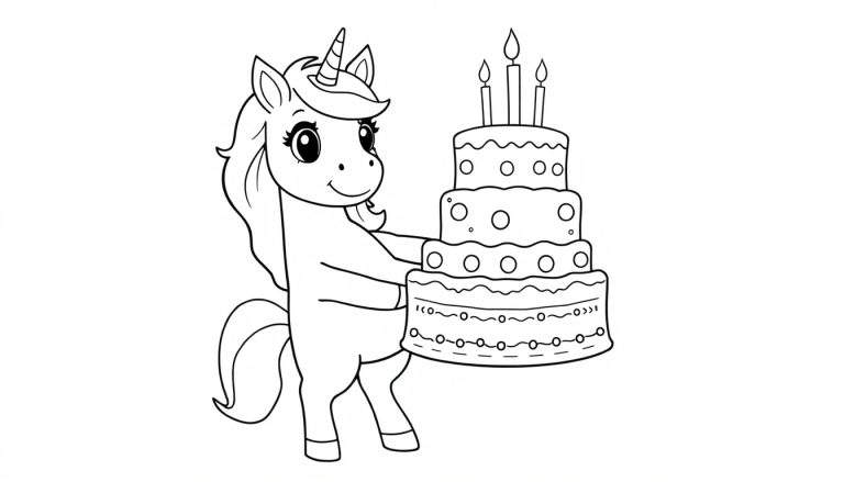A smiling unicorn holds a three-tiered cake with lit candles, ready for a color panel.