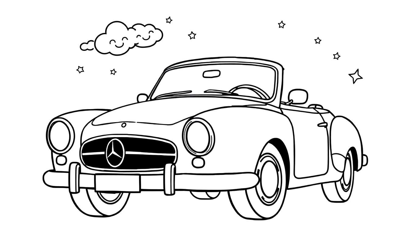 A cute black and white coloring panel of a vintage Mercedes-Benz convertible with a happy cloud and stars.