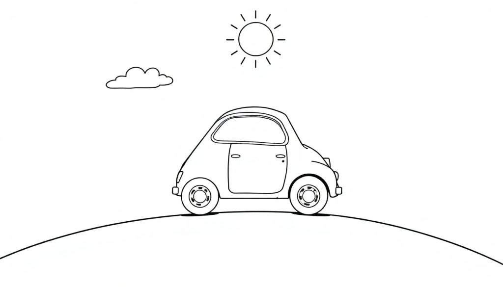 A cute black and white color panel of a vintage Fiat 500 car on a hill.