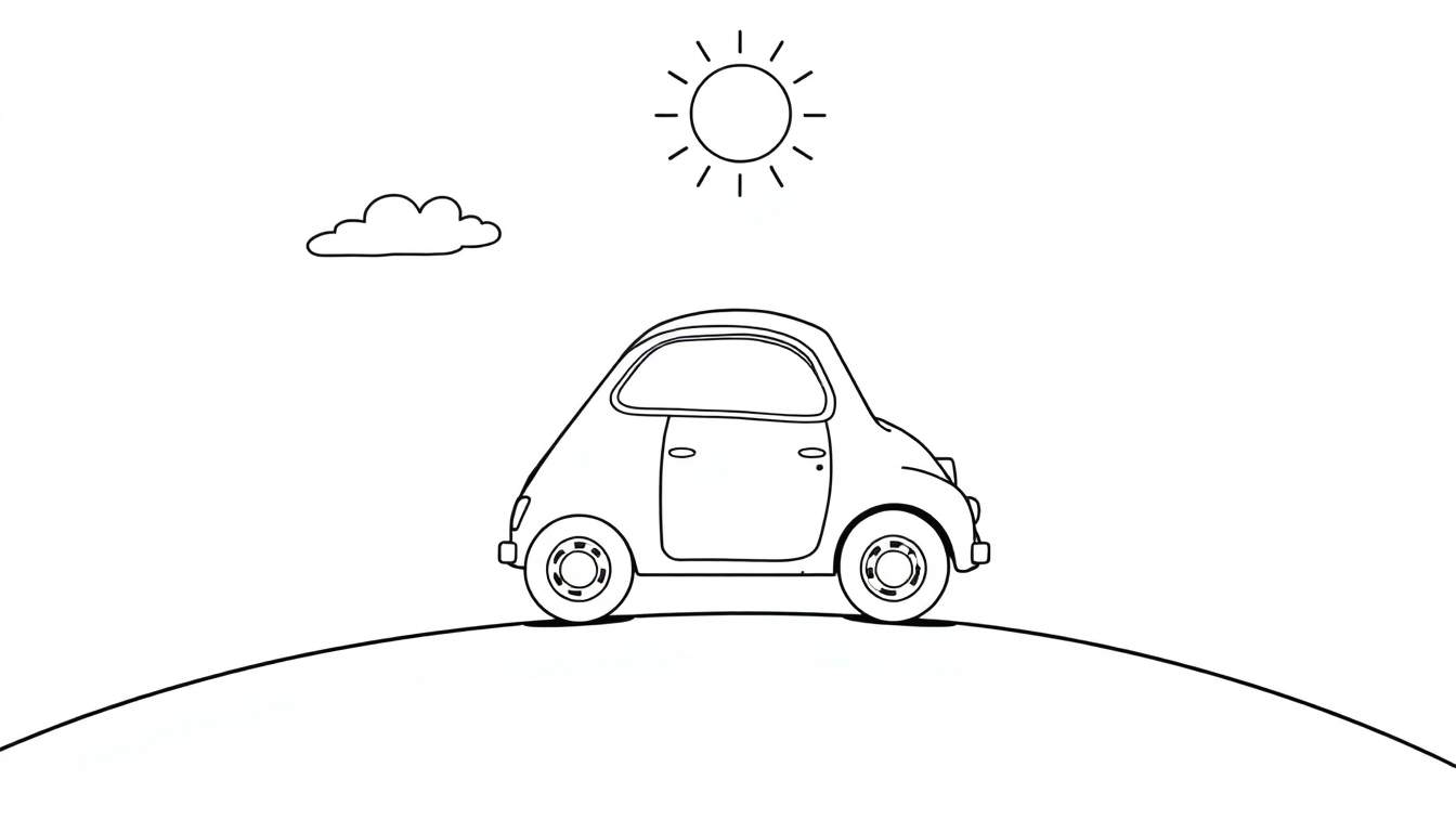 A cute black and white color panel of a vintage Fiat 500 car on a hill.