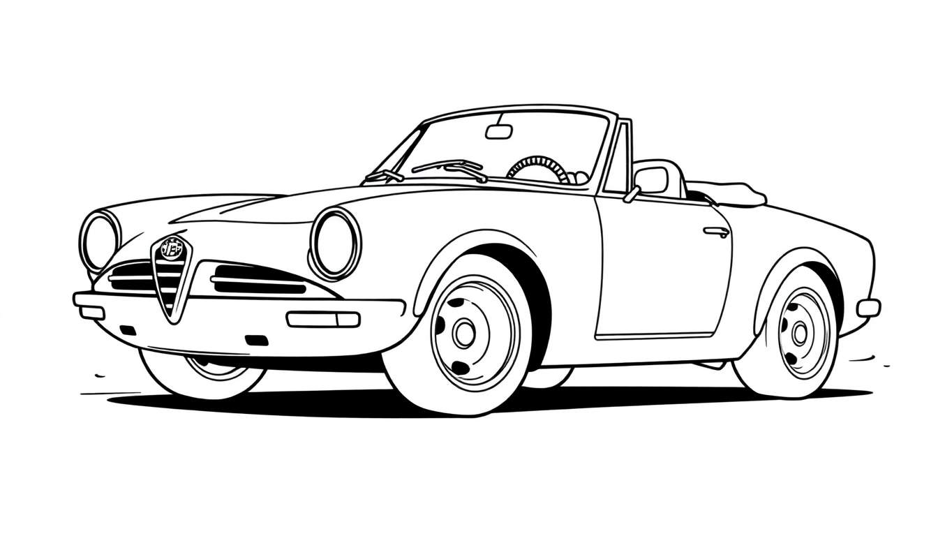 A vintage convertible car ready for a color panel adventure, with happy wheels and a cool grille.