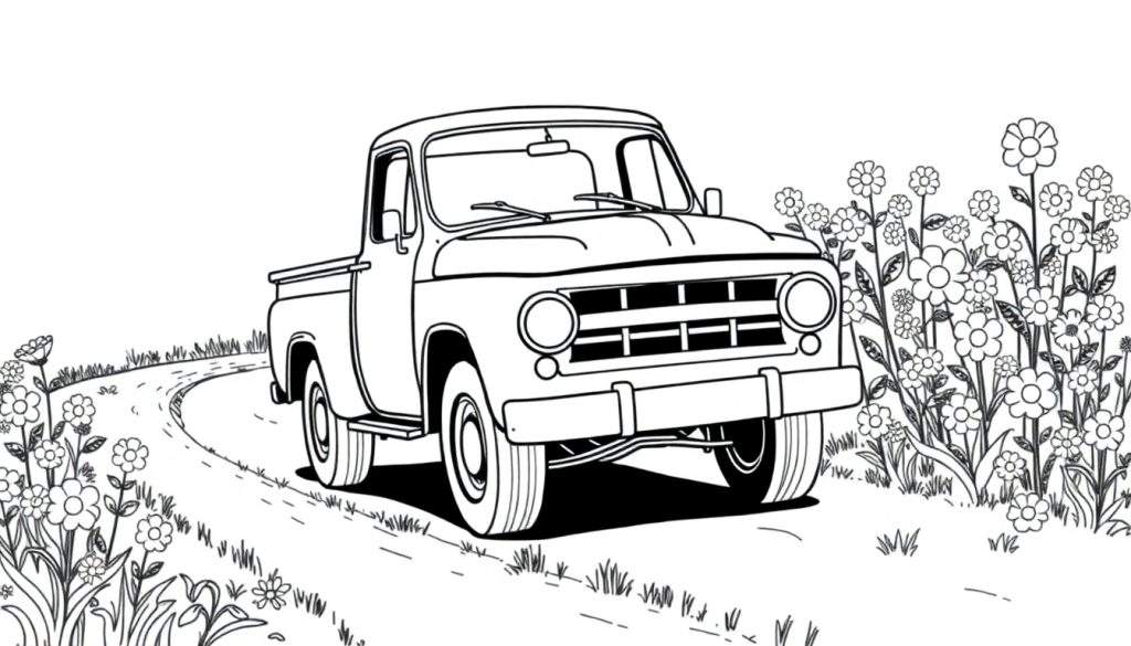 A vintage truck driving on a flower-lined road, ready for the color panel.