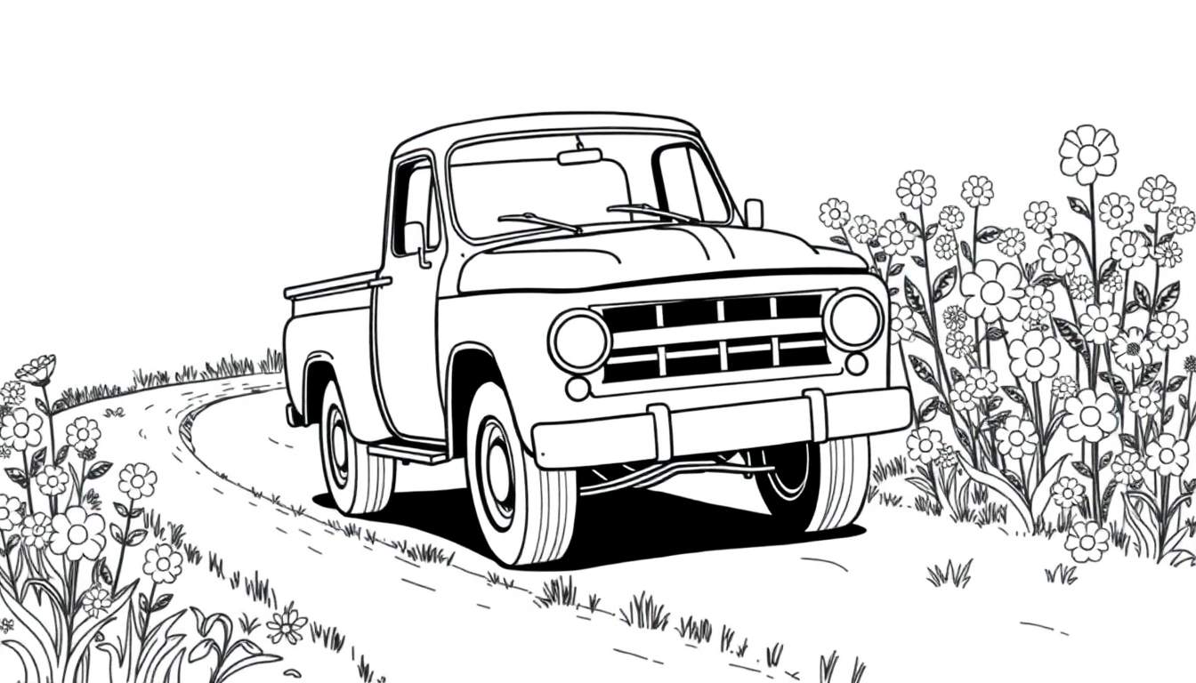 A vintage truck driving on a flower-lined road, ready for the color panel.