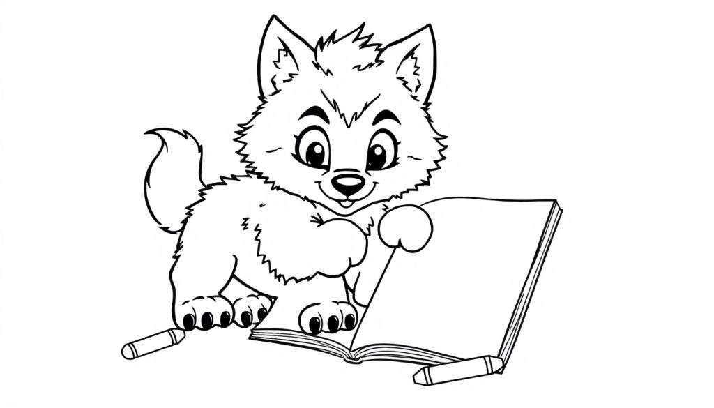 A cute werewolf cub about to color a page, black and white color panel.