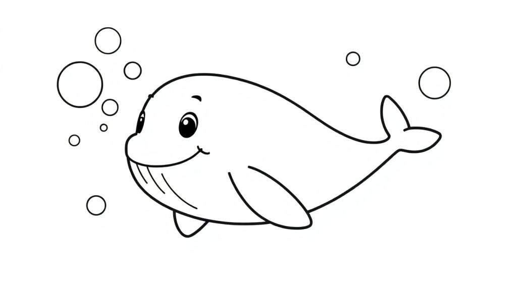 A cartoon whale smiling amidst bubbles, ready for a color panel.