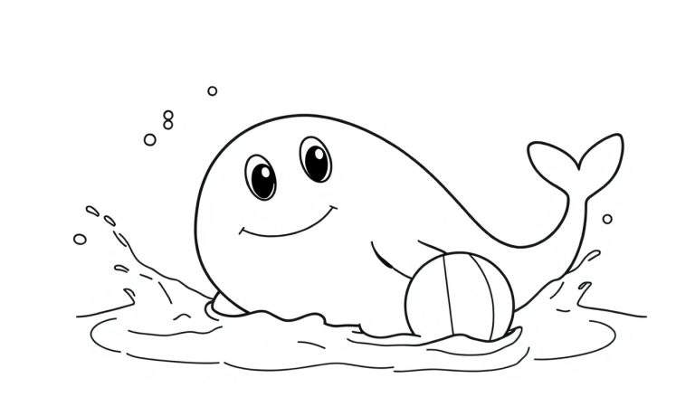 A happy whale playing with a ball in the water, a black and white color panel for coloring.