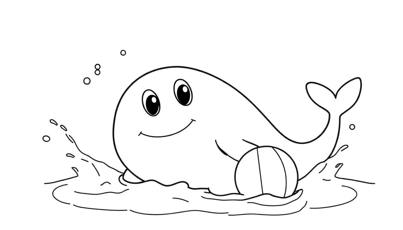 A happy whale playing with a ball in the water, a black and white color panel for coloring.