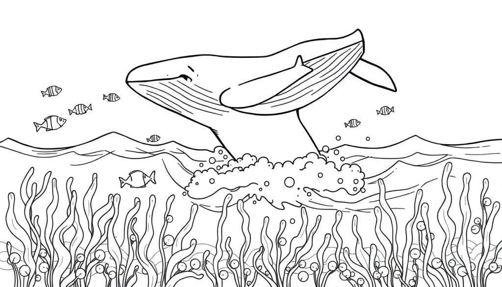 A black and white coloring page featuring a friendly whale breaching, with a baby whale on its back, surrounded by bubbles, fish, and seaweed. This color panel is ready to be filled with vibrant hues.