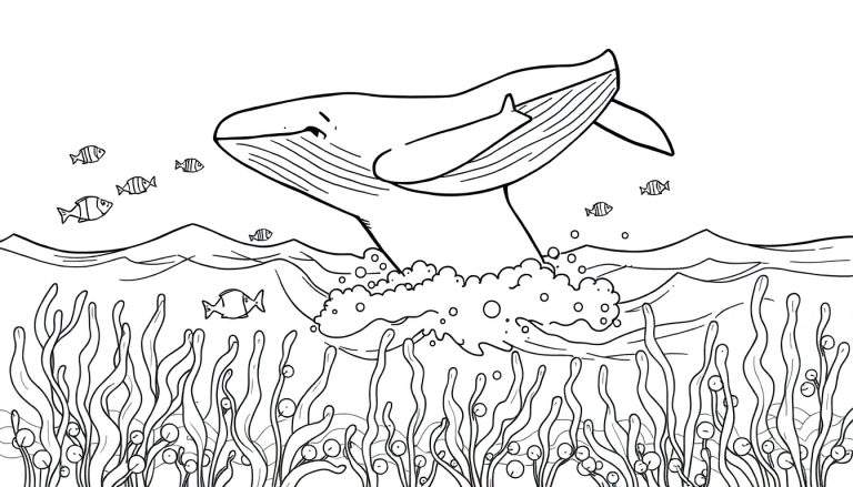 A black and white coloring page featuring a friendly whale breaching, with a baby whale on its back, surrounded by bubbles, fish, and seaweed. This color panel is ready to be filled with vibrant hues.