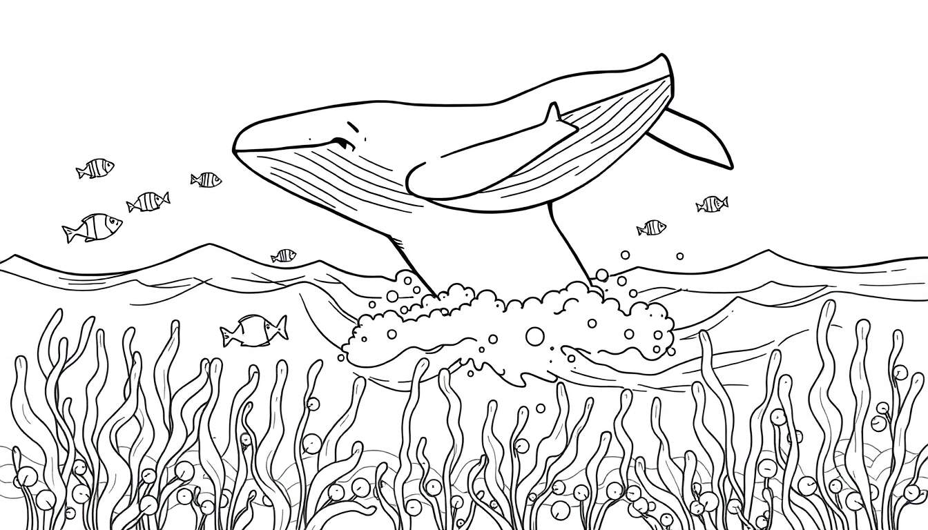 A black and white coloring page featuring a friendly whale breaching, with a baby whale on its back, surrounded by bubbles, fish, and seaweed. This color panel is ready to be filled with vibrant hues.