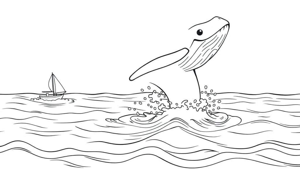 A happy whale breaching the water, with a sailboat in the background. This is a black and white color panel for coloring.