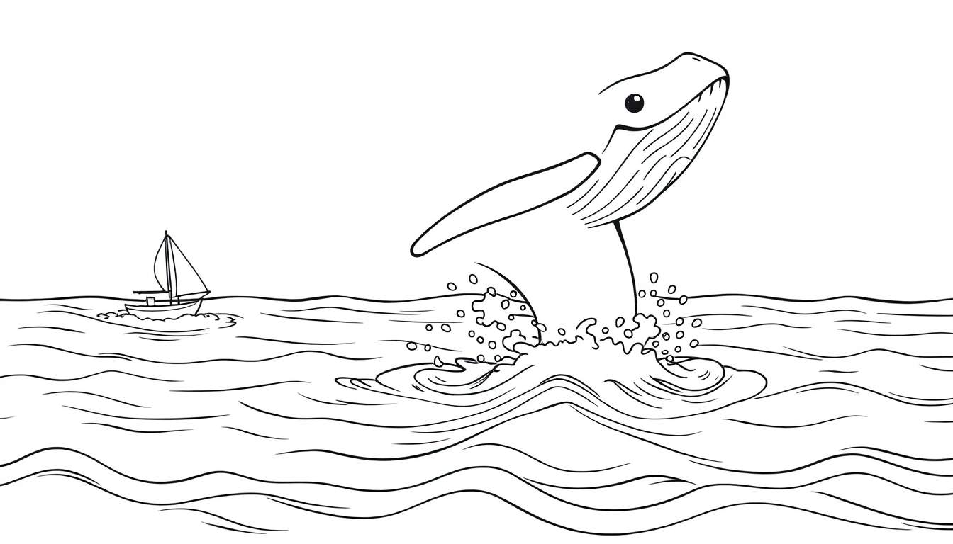 A happy whale breaching the water, with a sailboat in the background. This is a black and white color panel for coloring.